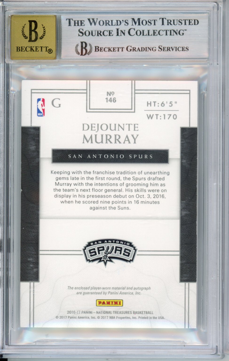 2016 National Treasures Gold Dejounte Murray #146 Jersey RPA Auto Gold BGS 8.5