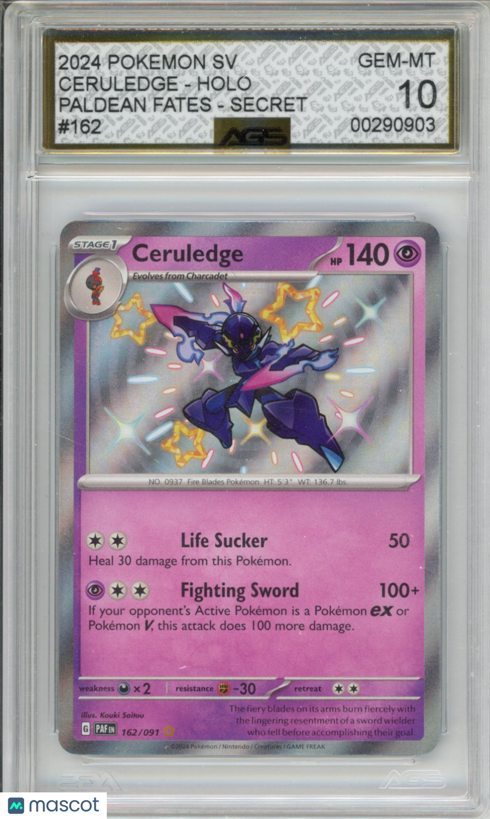 2024 Pokemon Paldean Fates Ceruledge #162 AGS 10