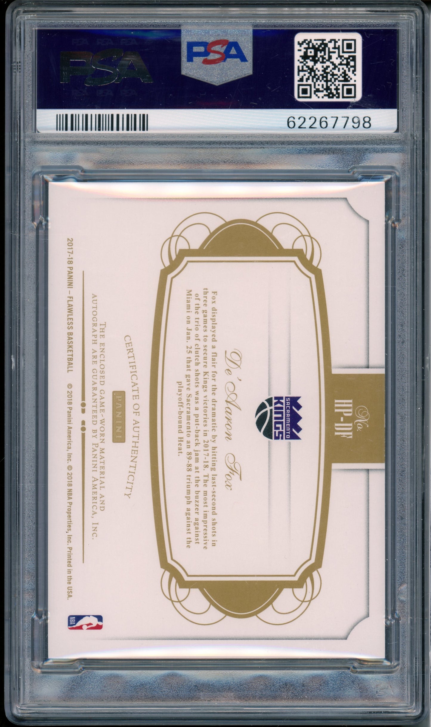 2017 Panini Flawless De'aaron Fox #HPDF Horizontal Patch Autographs Ruby PSA 9