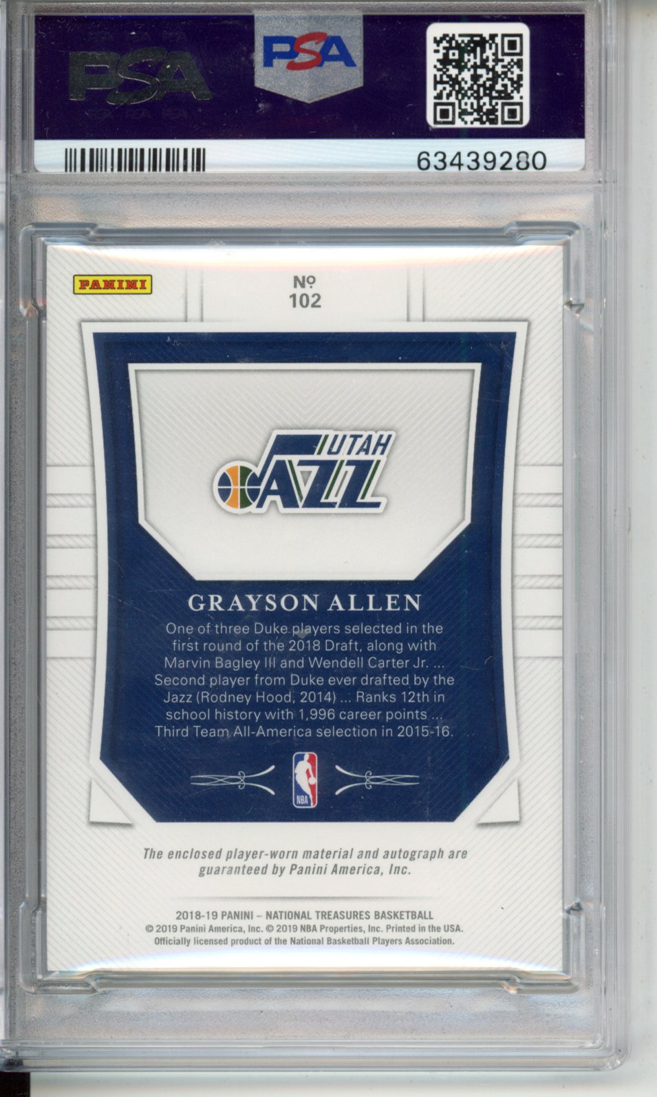 2018 Panini National Treasures Grayson Allen #102 Patch Autograph /99 PSA 9