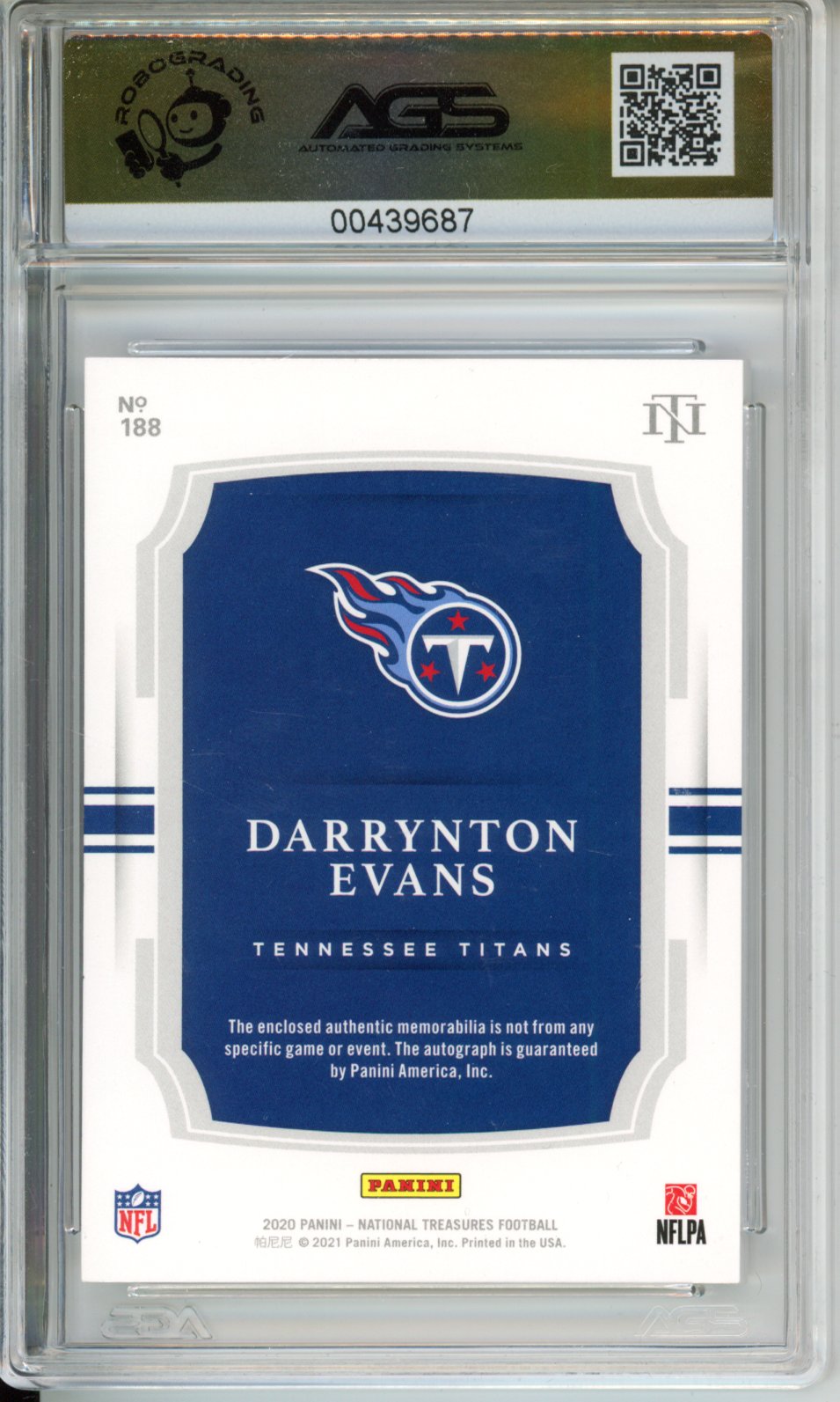 2020 Panini National Treasures Darrynton Evans #188 RPA 10/10 AGS 9.5