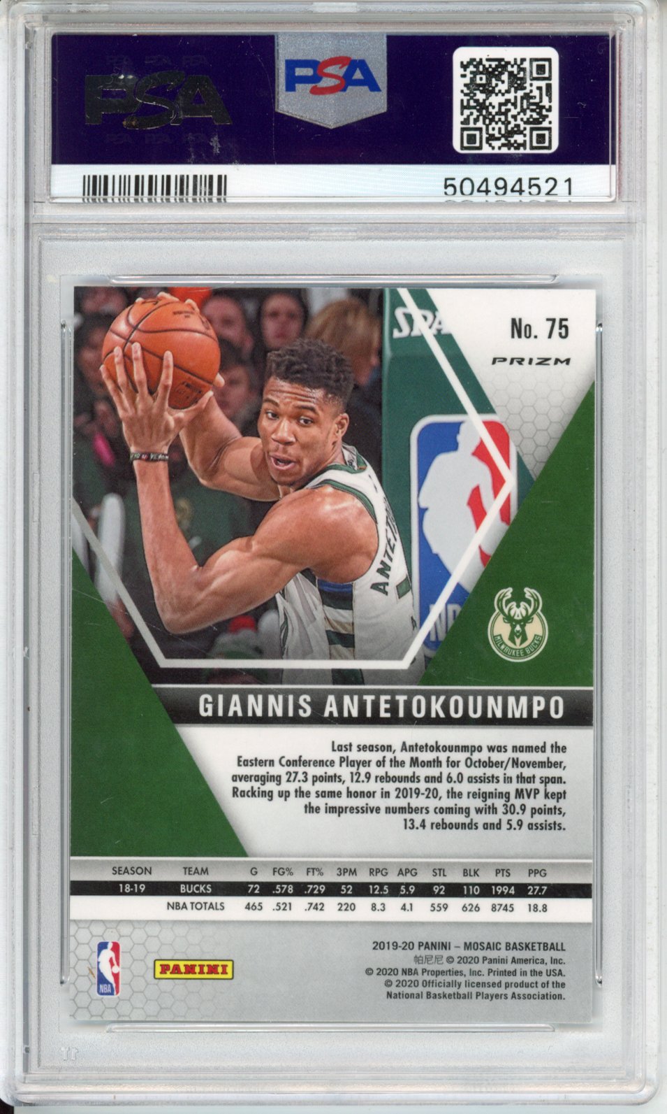 2019 Panini Mosaic G. Antetokounmpo #75 PSA 10