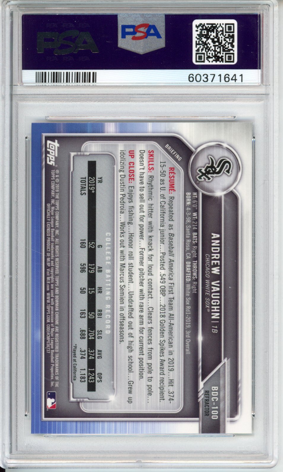 2019 Bowman Draft Andrew Vaughn #BDC100 Chrome No Ball Refractor PSA 10