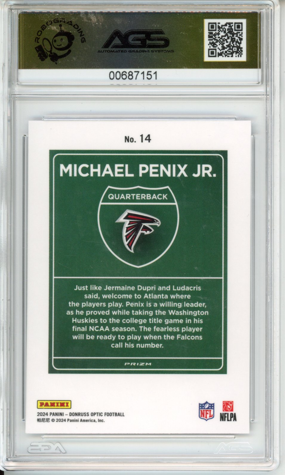 Football 2024 PANINI DONRUSS OPTIC Michael Penix Jr. #014 DOWNTOWN! AGS 9.5