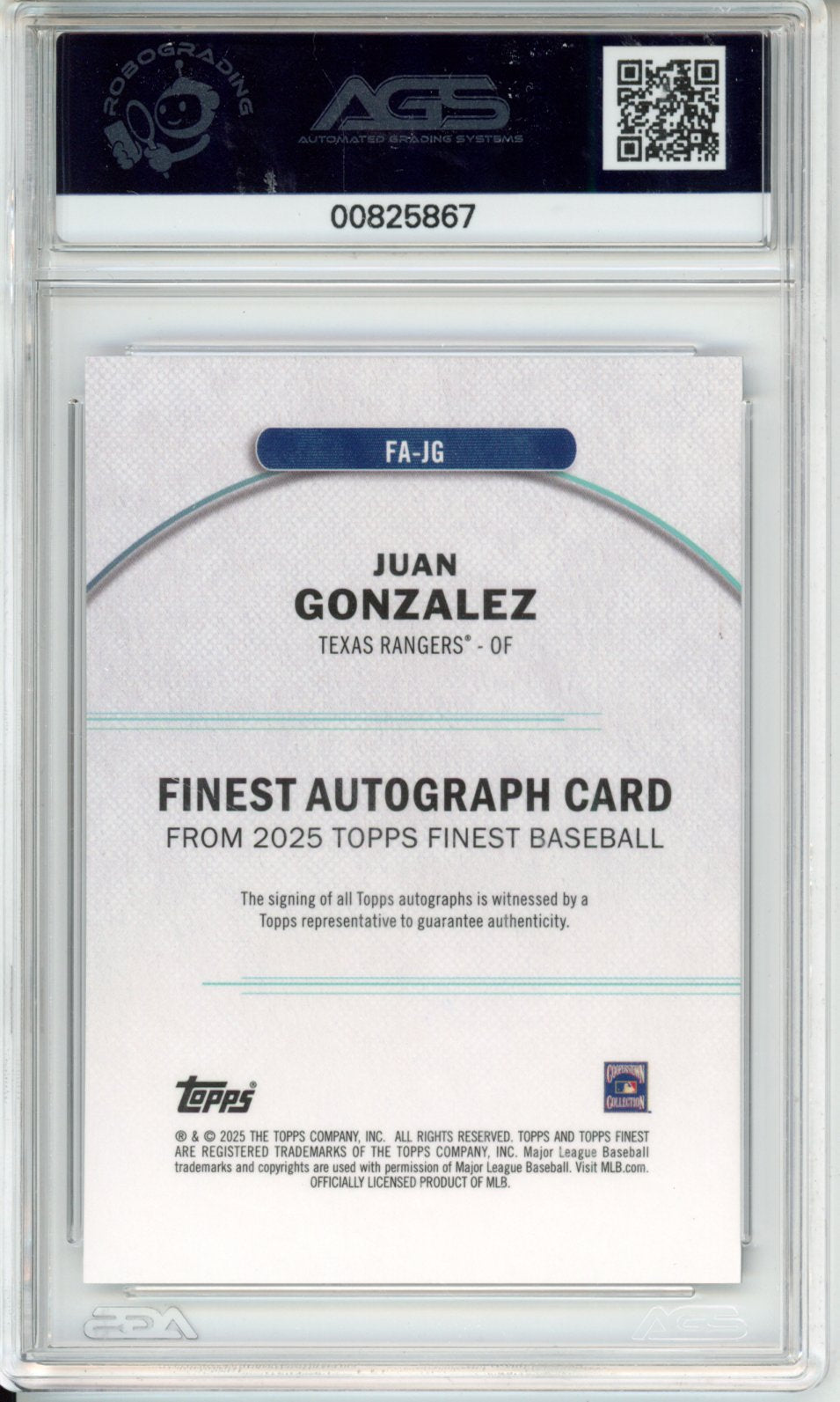 2025 Topps Finest Juan Gonzalez #FA-JG Finest Autographs AGS 9