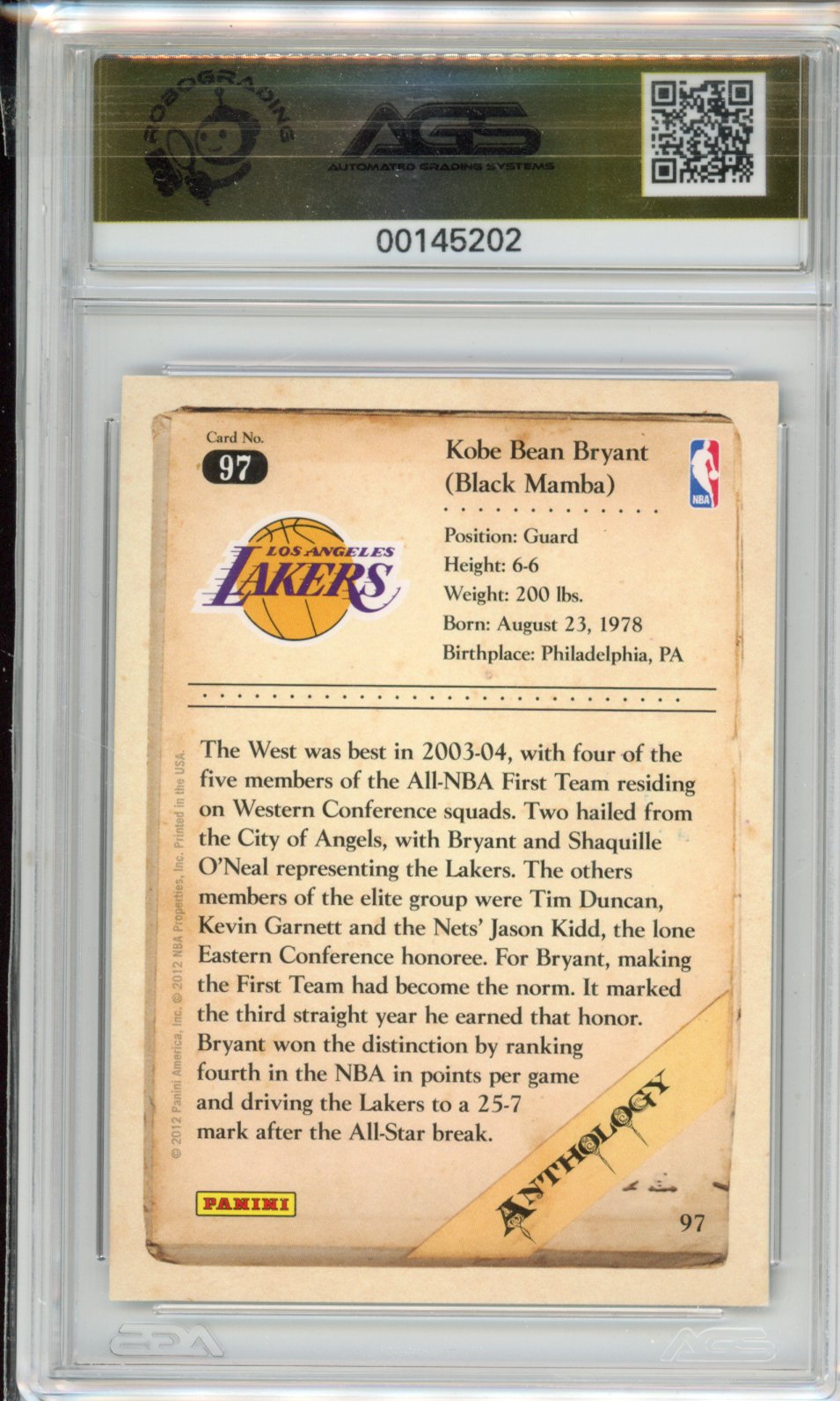 Basketball 2012-13 Panini Kobe Anthology KOBE BRYANT #097 AGS 10