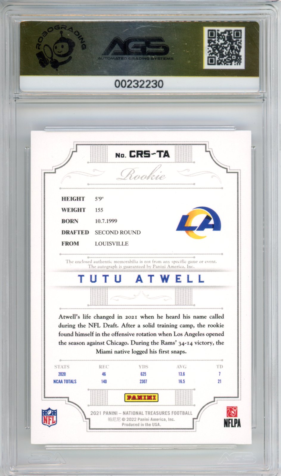2022 Football 2021 Panini National Treasures Tutu Atwell #CRS-TA /25 AGS 10