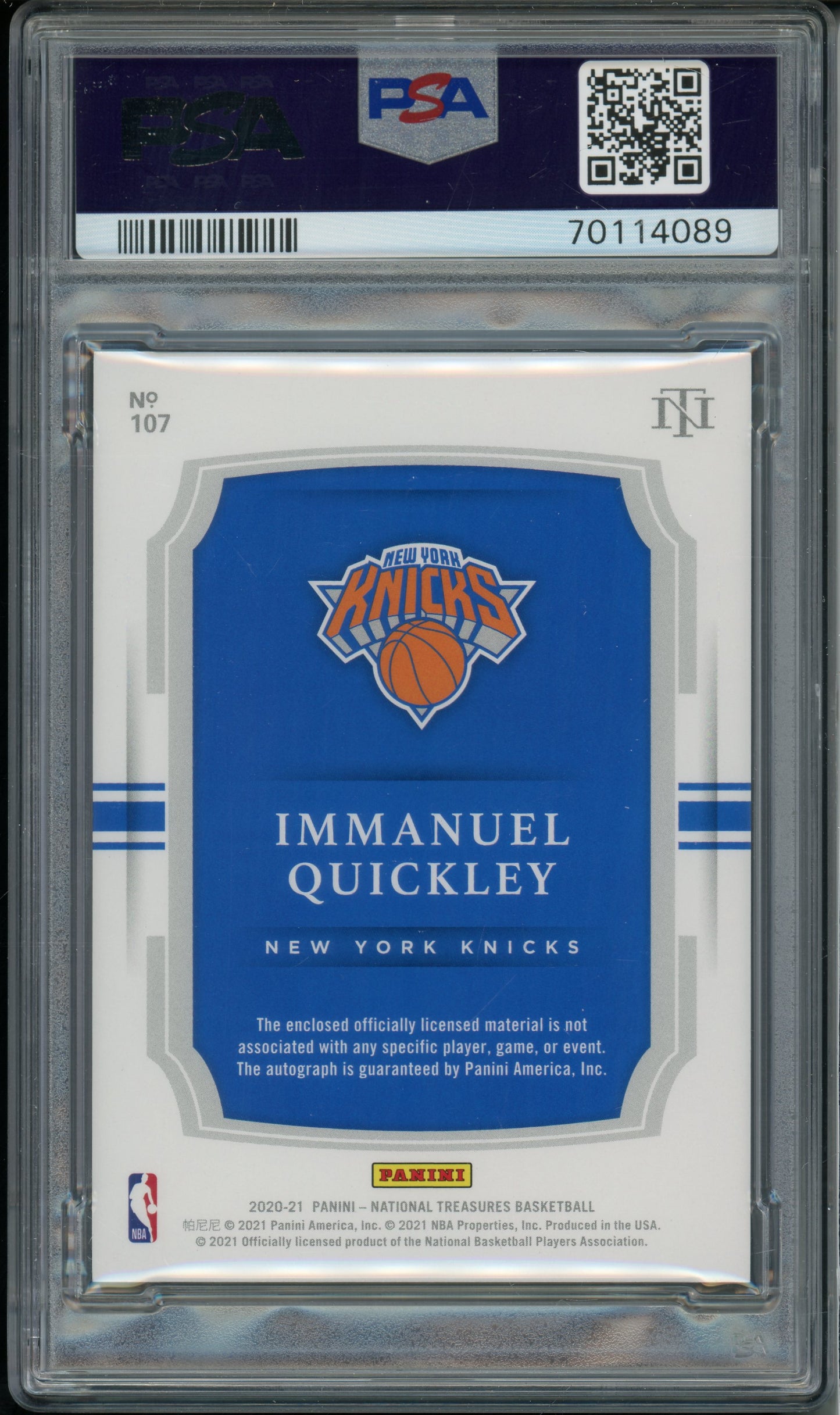 2020 National Treasures Immanuel Quickley #107 Rookie Patch Auto PSA 9 RPA