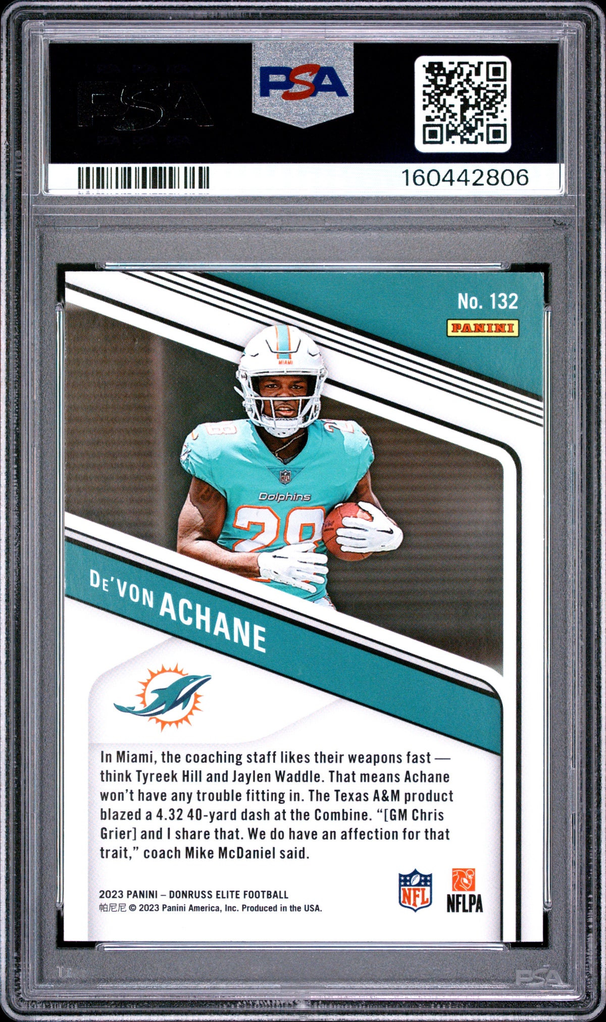 2023 Panini Donruss Elite Football De'Von Achane #132 Green Disco English PSA 8