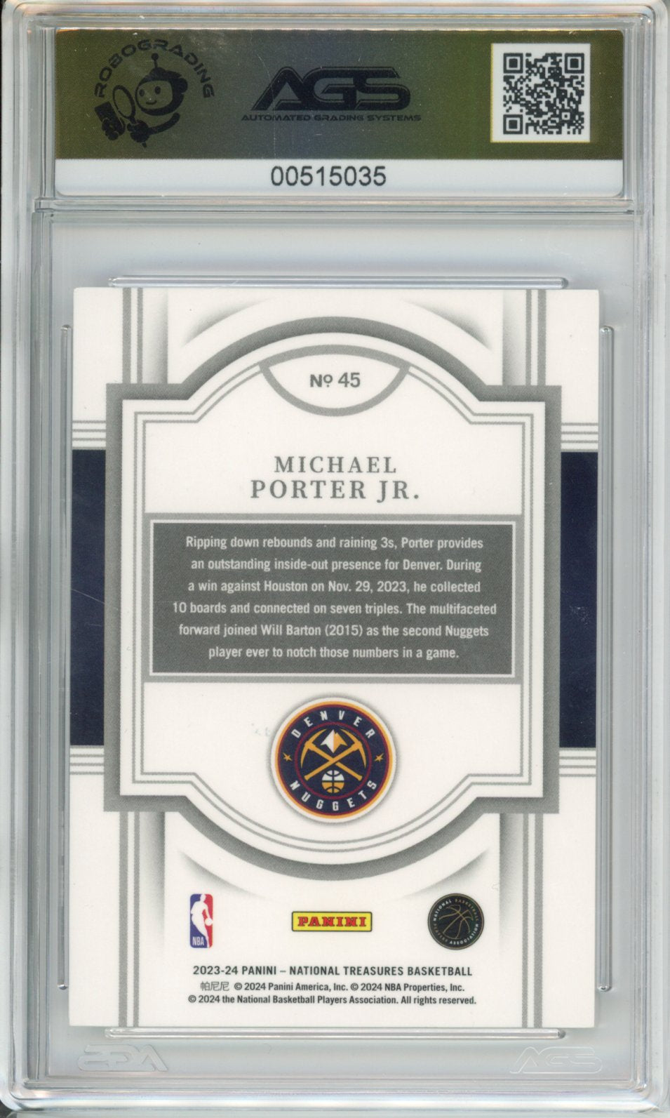 2023-24 Panini National Treasures MICHAEL PORTER JR. #045 22/33 AGS 9.5