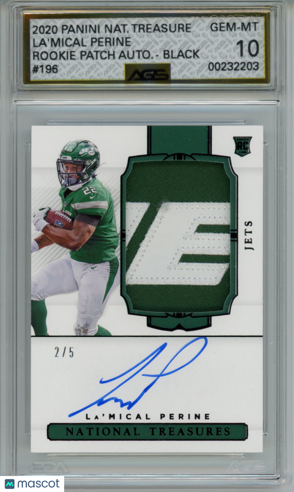 2021 Panini National Treasures La'Mical Perine #196 Rookie Patch Auto RPA Black AGS 10