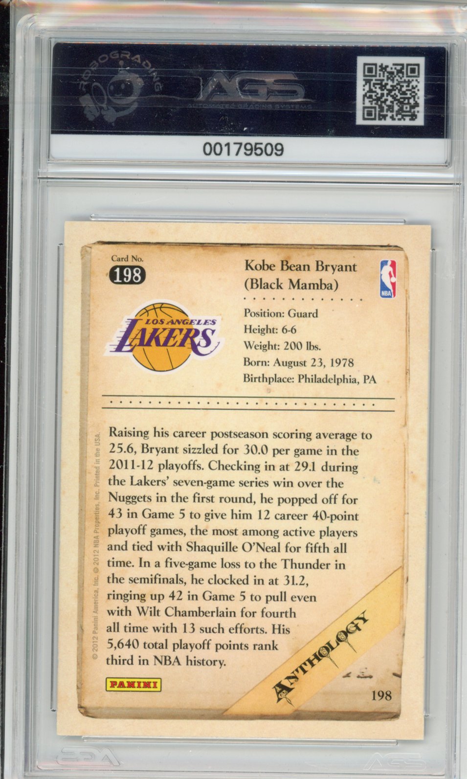 Basketball 2012-13 Panini Kobe Anthology Kobe Bryant #198 AGS 9