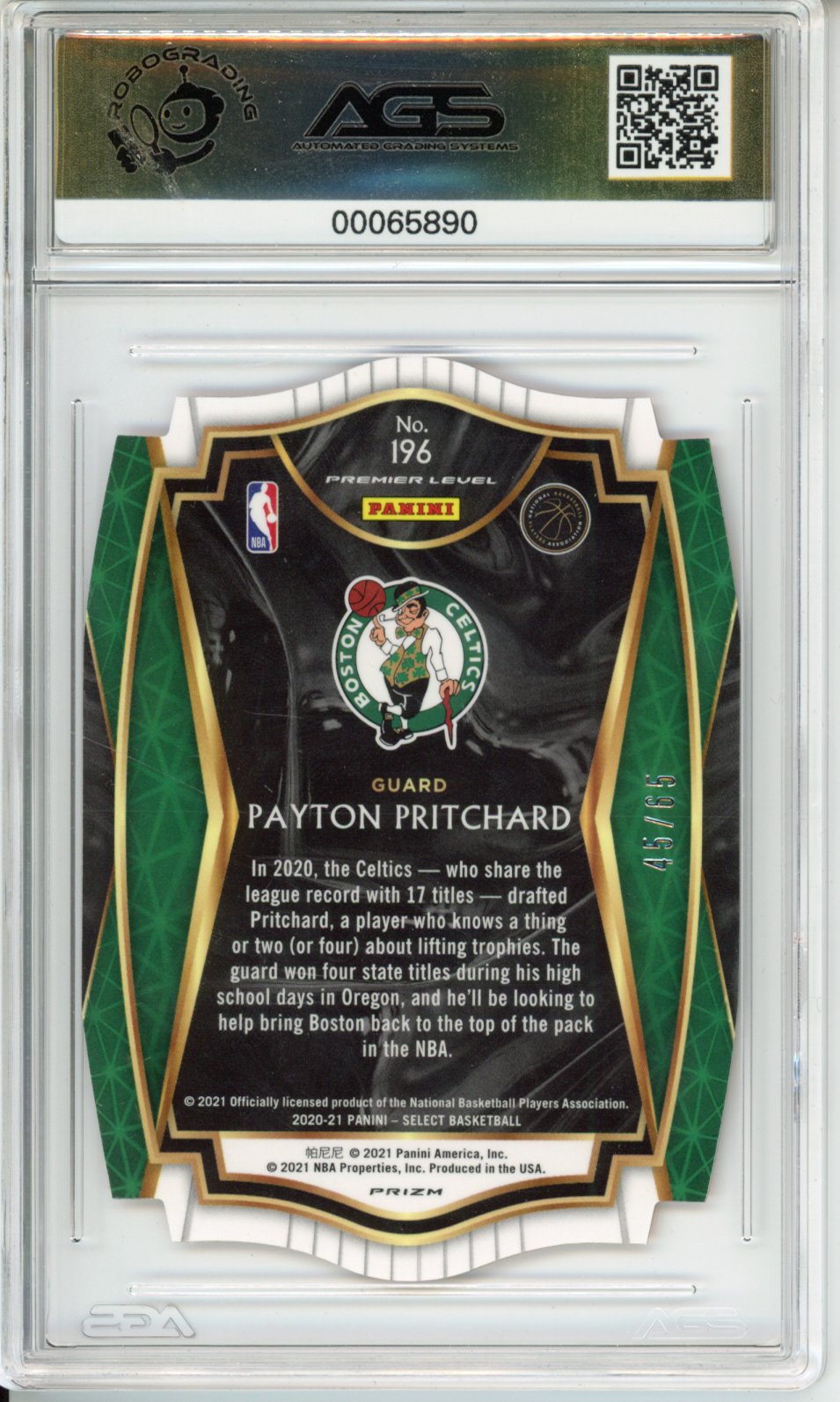 2020-21 Panini Select Payton Pritchard #086 Orange Prizm Die-cut AGS 10