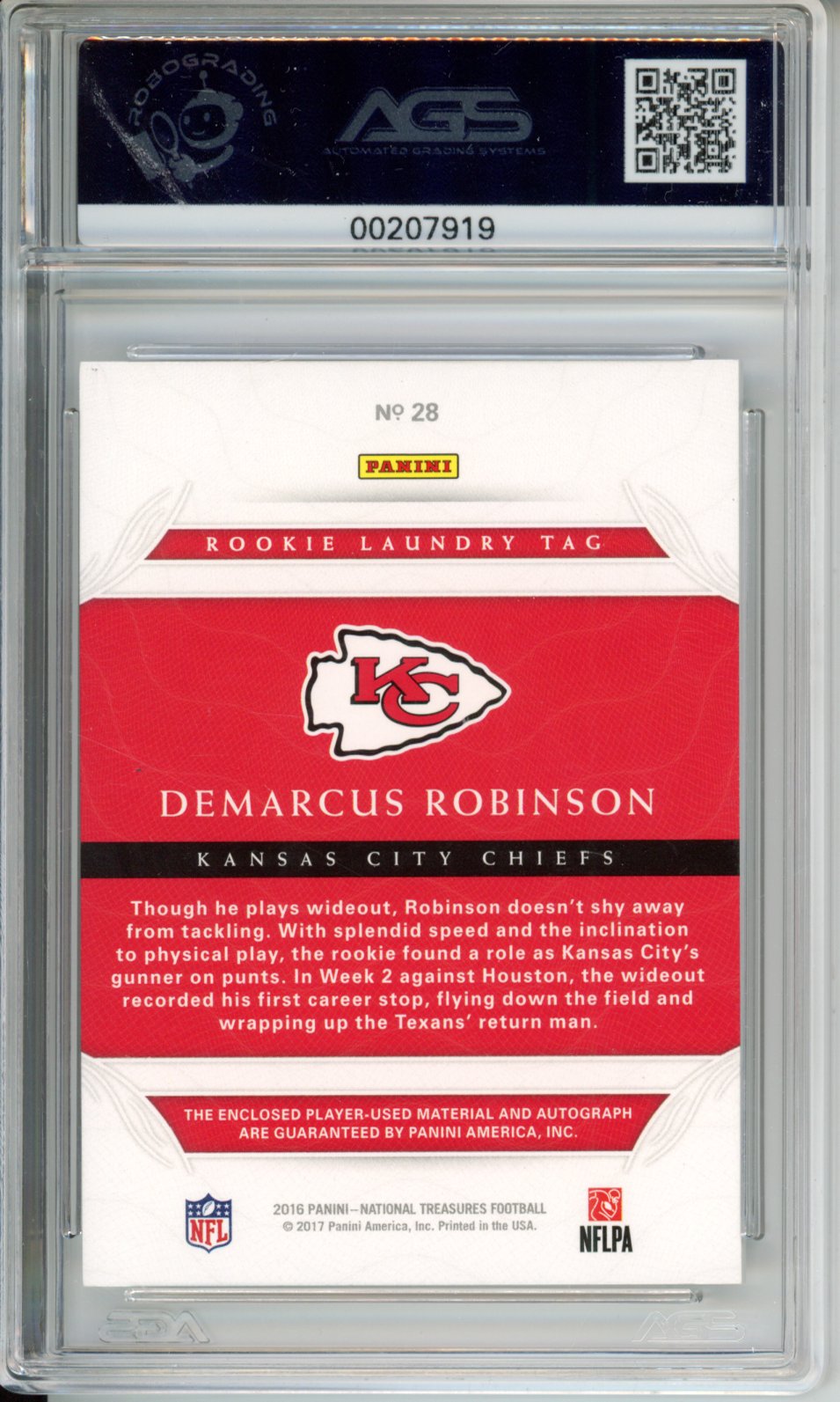 2016 Panini National Treasures Demarcus Robinson #028 Laundry Tag 1/1 AGS 9