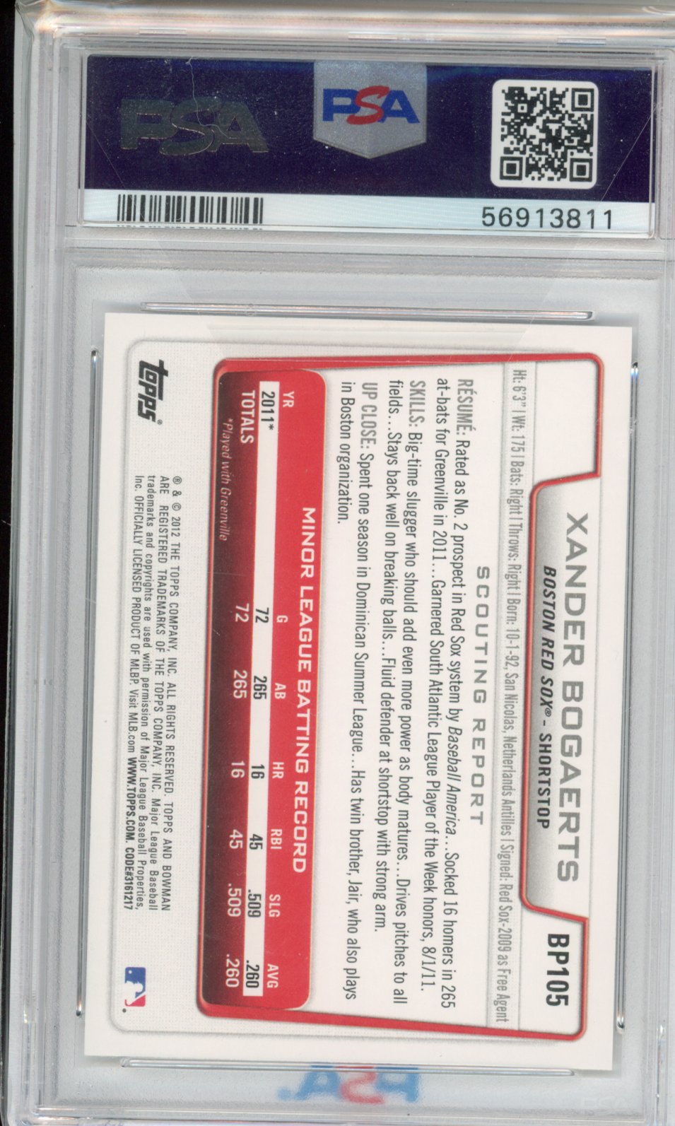 2012 Bowman Prospects Xander Bogaerts #BP105 PSA 10