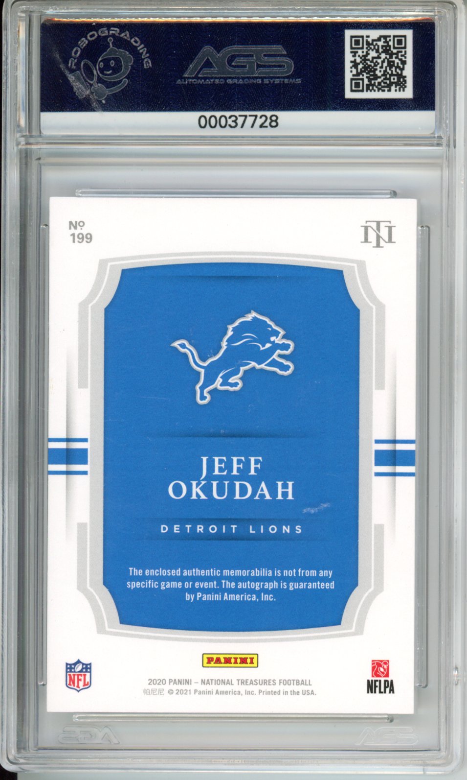 2020 Panini National Treasures Jeff Okudah #199 RPA /99 AGS 9