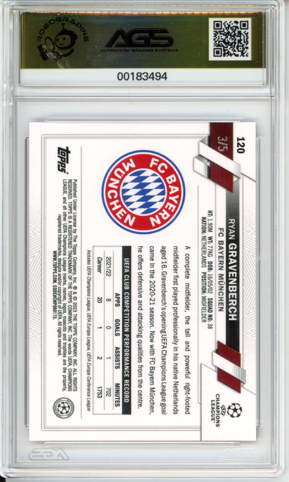 2023 Soccer Chrome UEFA Club Competitions RYAN GRAVENBERCH #120 red AGS 9.5