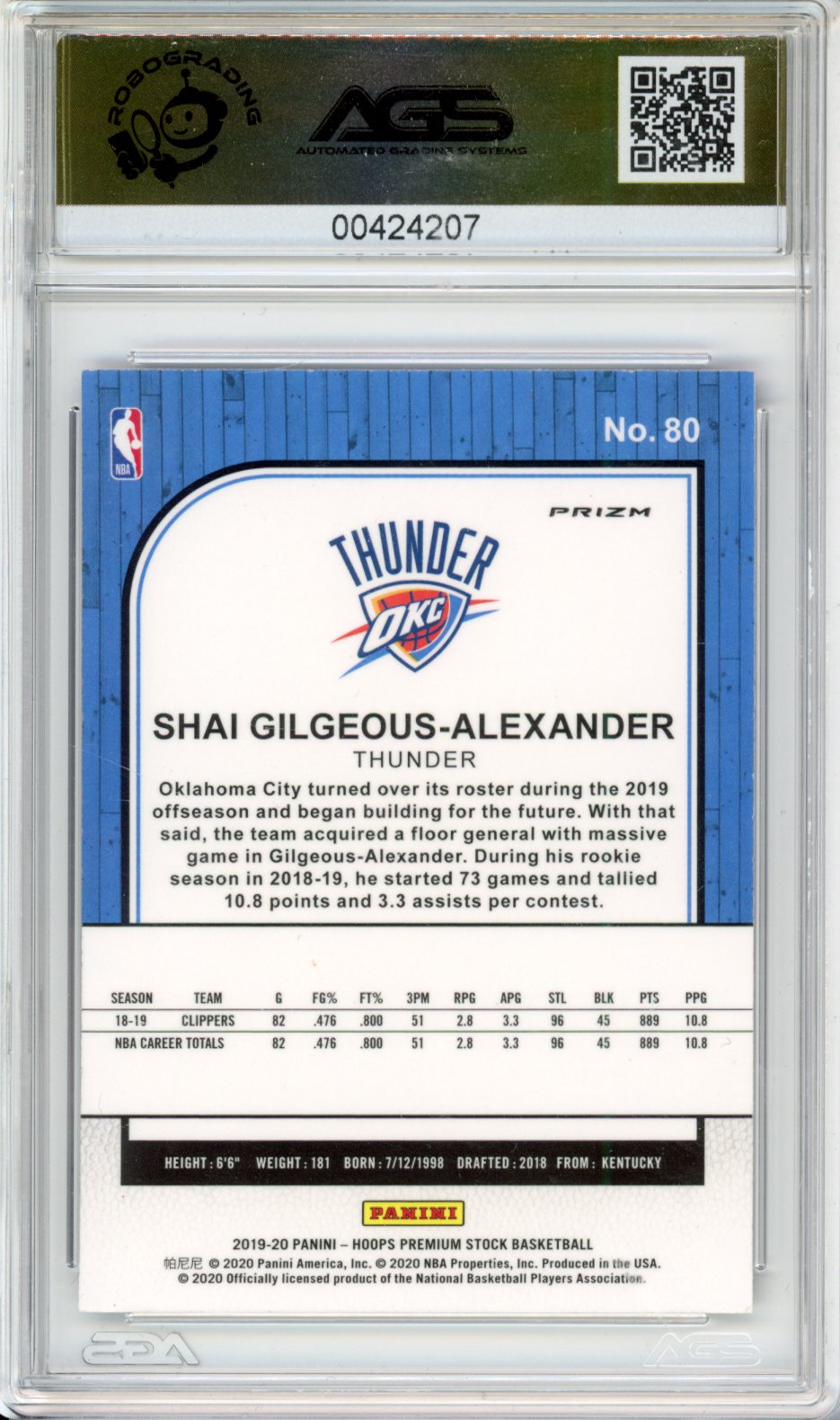 2019 Panini Hoops Shai Gilgeous-Alexander #80 Purple Disco Prizm AGS 10