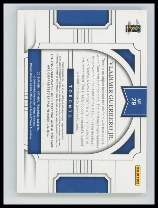 2019 National Treasures #29 Vladimir Guerrero Jr RPA RC 2-Color Patch AUTO /99