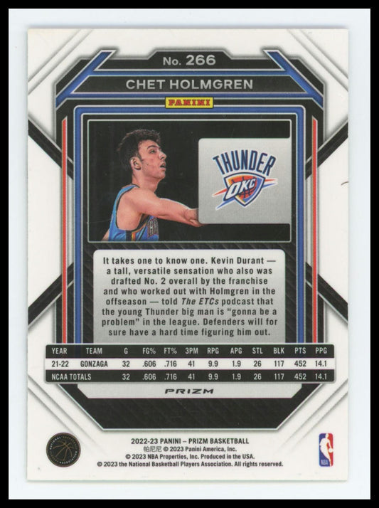 2022-23 Prizm Chet Holmgren RC Prizm White Sparkle #266 Thunder