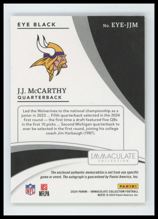 2024 Panini Immaculate JJ McCarthy Rookie Eye Black Patch Auto #21/99 E233