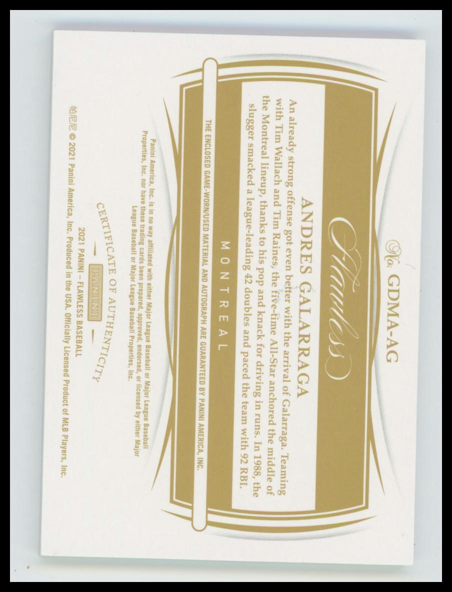2021 Panini Flawless Andres Galarraga Greats Dual Memorabilia Autographs #/7