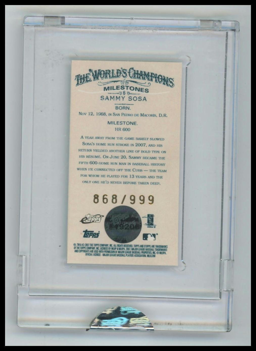 2007 Topps eTopps Allen & Ginter Moments & Milestones Sammy Sosa #/999