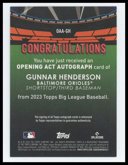 2023 Topps Big League Opening Act Green Foil /99 Gunnar Henderson RC #OAA-GH
