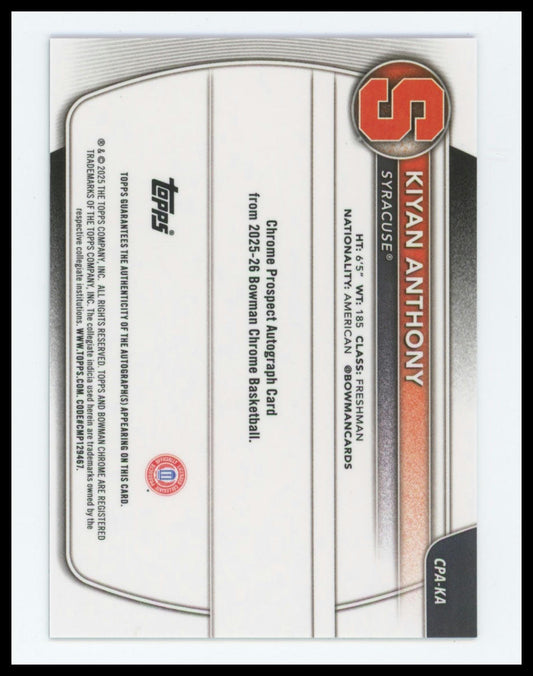 2025-26 Bowman Chrome CPA-KA KIYAN ANTHONY Blue X-Fractor Auto /150 1st Bowman