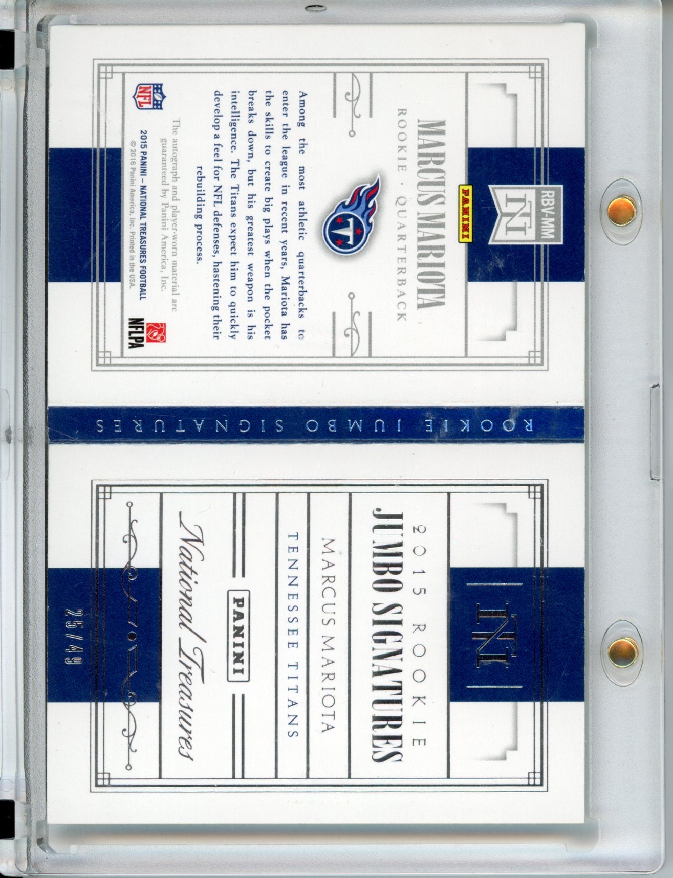 2015 National Treasures Marcus Mariota #RBV-MM Rookie Jumbo Signatures /49