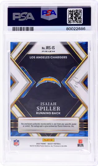 2022 Panini Select Isaiah Spiller #JRSIS Rookie Auto Black Shield /1 PSA 9 RPA