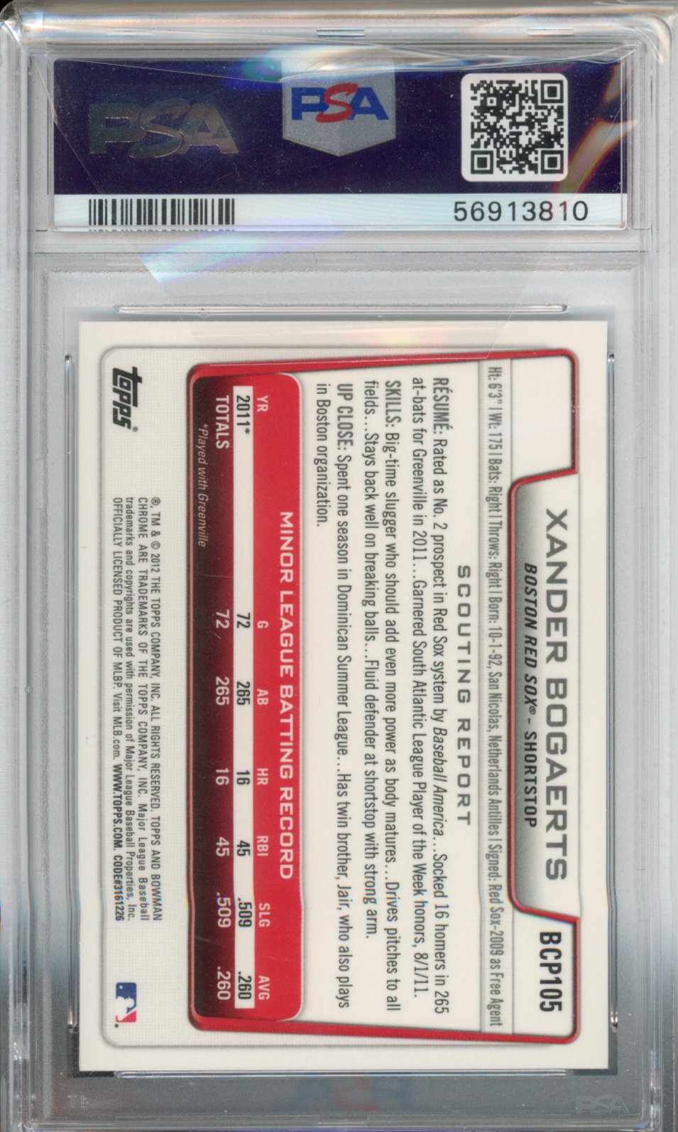 2012 Bowman Prospects Xander Bogaerts #BCP105 Chrome PSA 8