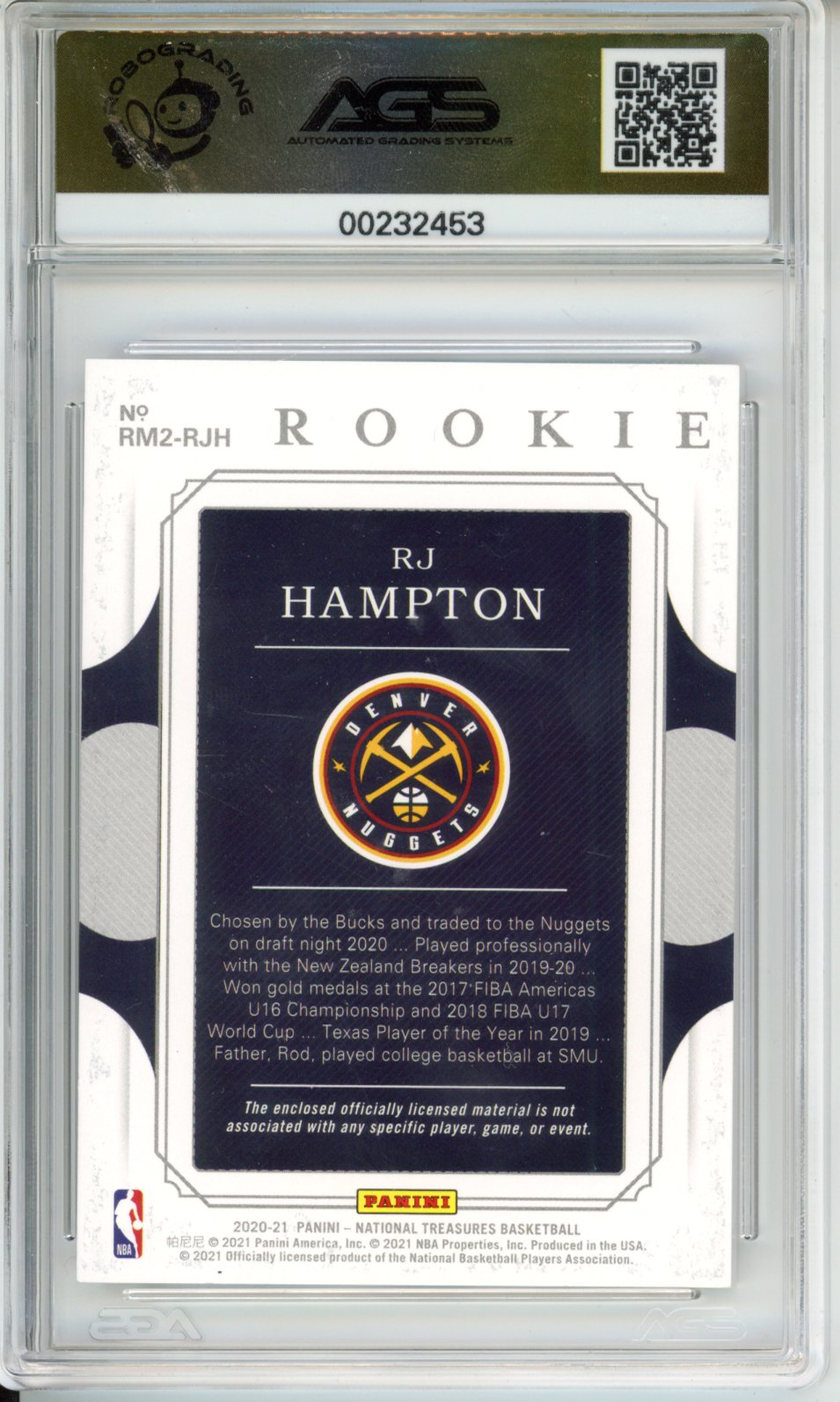 2020-21 National Treasures RJ HAMPTON DUAL MATERIALS Rookie Auto RPA RC /99 AGS 10