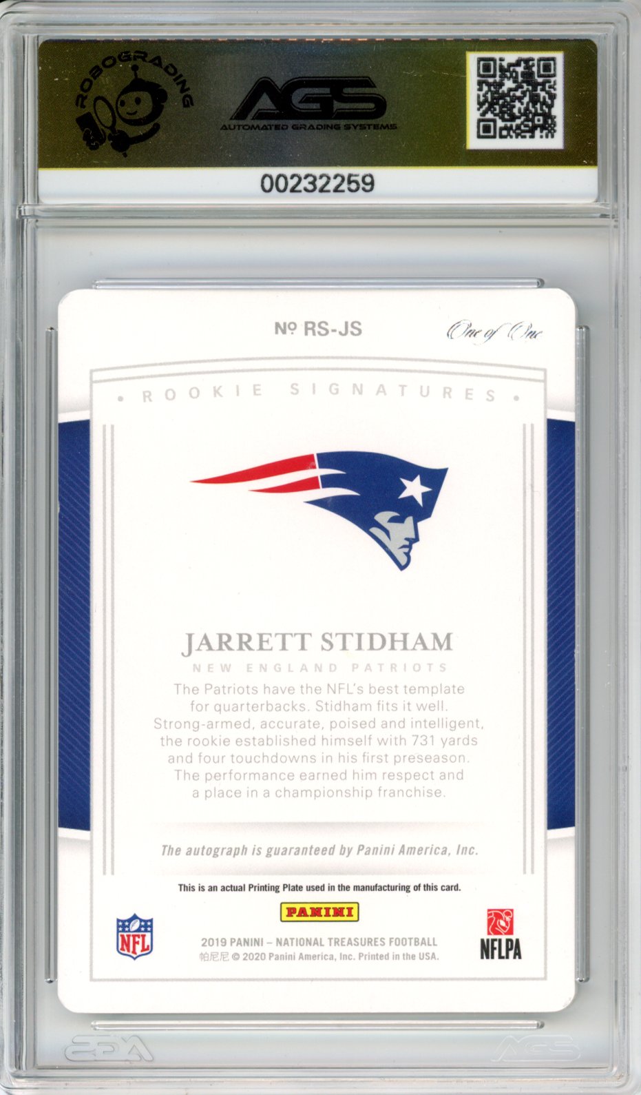 2020 Panini National Treasures Jarrett Stidham #RS-JS Rookie Auto RPS Printing Plate Cyan AGS 9.5