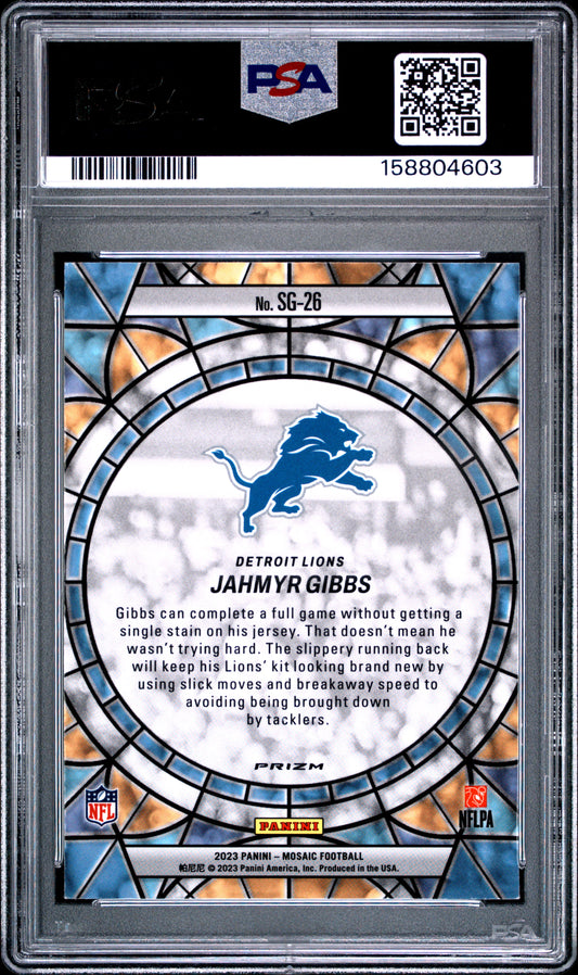 2023 Panini Mosaic Football Jahmyr Gibbs #SG-26 Mosaic Stained Glass English PSA 9
