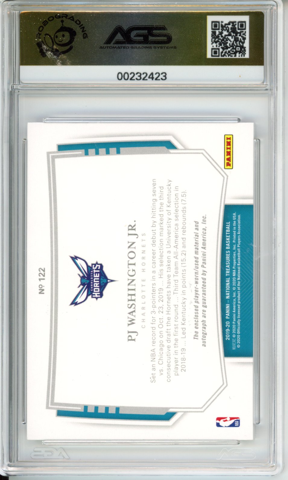 2019 National Treasures PJ Washington Jr. #122 Rookie Patch Auto /49 AGS 10