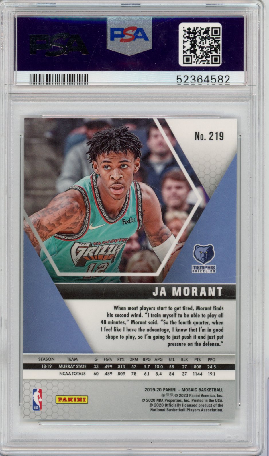 2019 Panini Mosaic Basketball Ja Morant #219 Mosaic English PSA 9