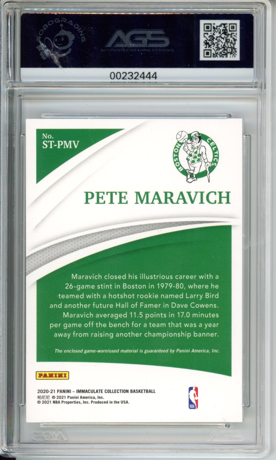 2020-21 Panini Immaculate Collection PETE MARAVICH #ST-PMV The Standard AGS 8