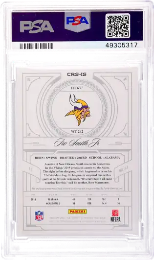 2019 National Treasures Irv Smith JR. Crossover Rookie Patch Auto Shield PSA 9