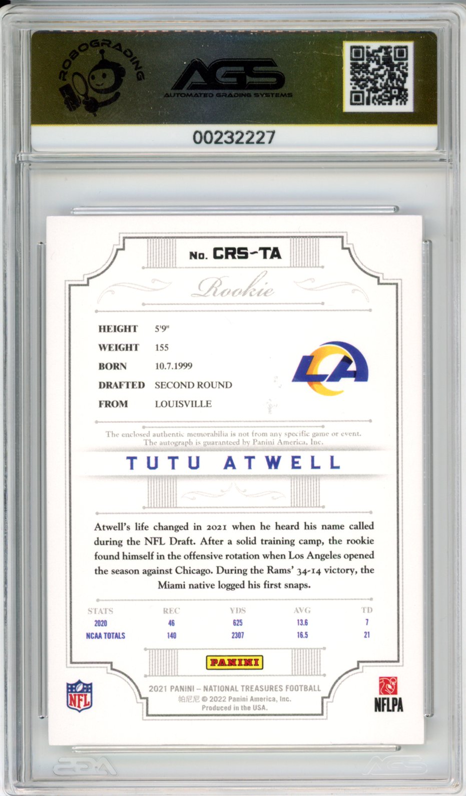 2022 Football 2021 Panini National Treasures Tutu Atwell #CRS-TA /99 AGS 10