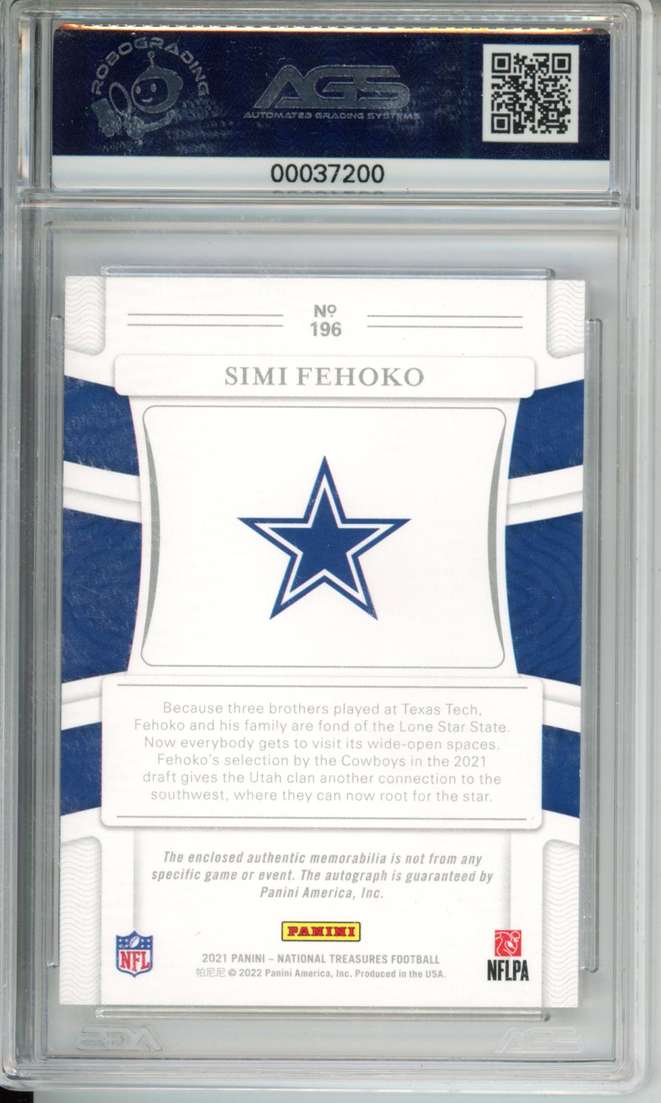 2022 Football 2021 Panini National Treasures Simi Fehoko #196 /99 RPA AGS 9