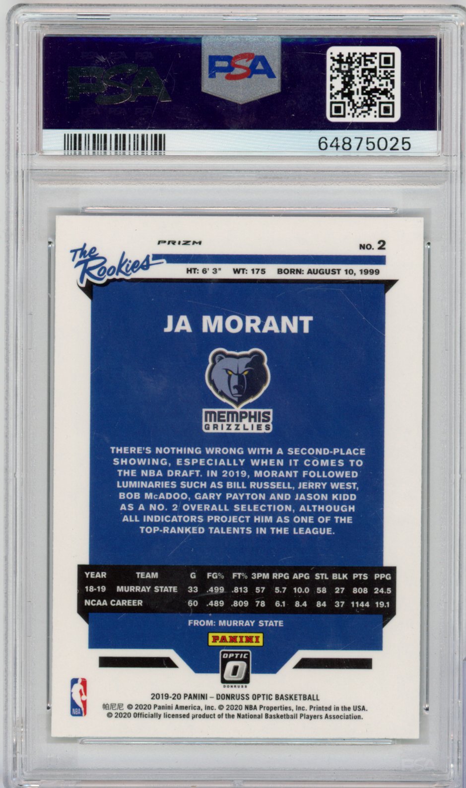 2019 Panini Donruss Optic Basketball Ja Morant #2 Holo English PSA 9