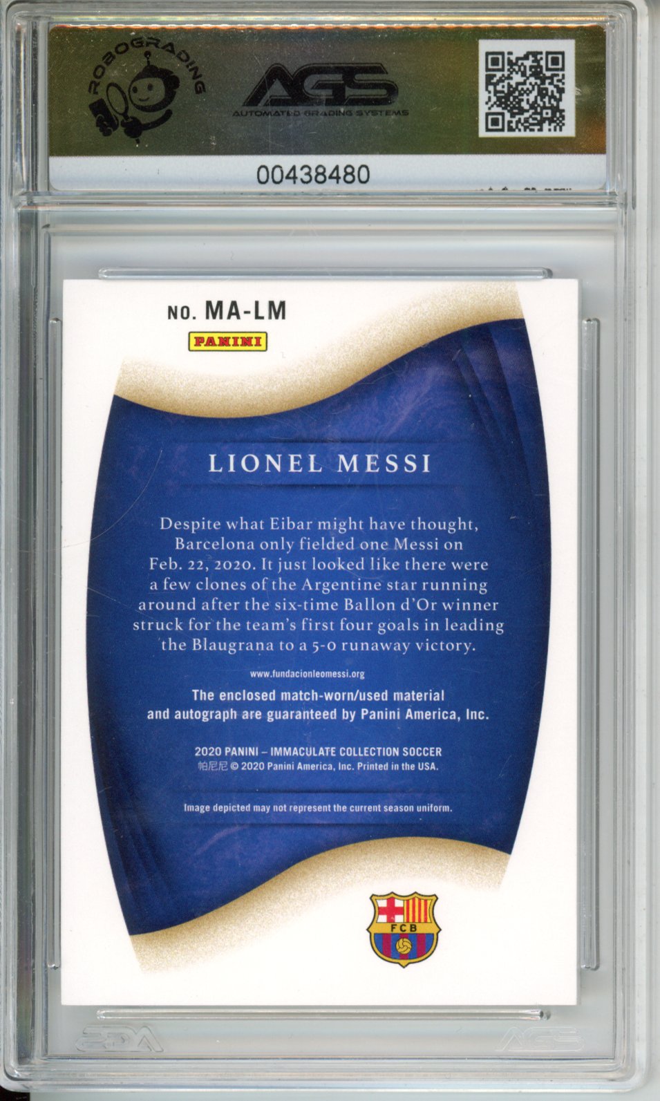 2020 Immaculate Collection Lionel Messi #MA-LM Memorabilia Auto Red /8 AGS 9.5