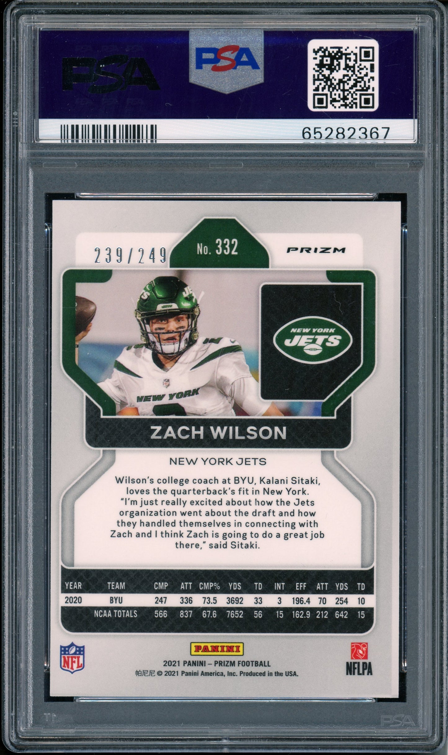 2021 Panini Prizm Zach Wilson #332 Orange Prizm 239/249 PSA 10