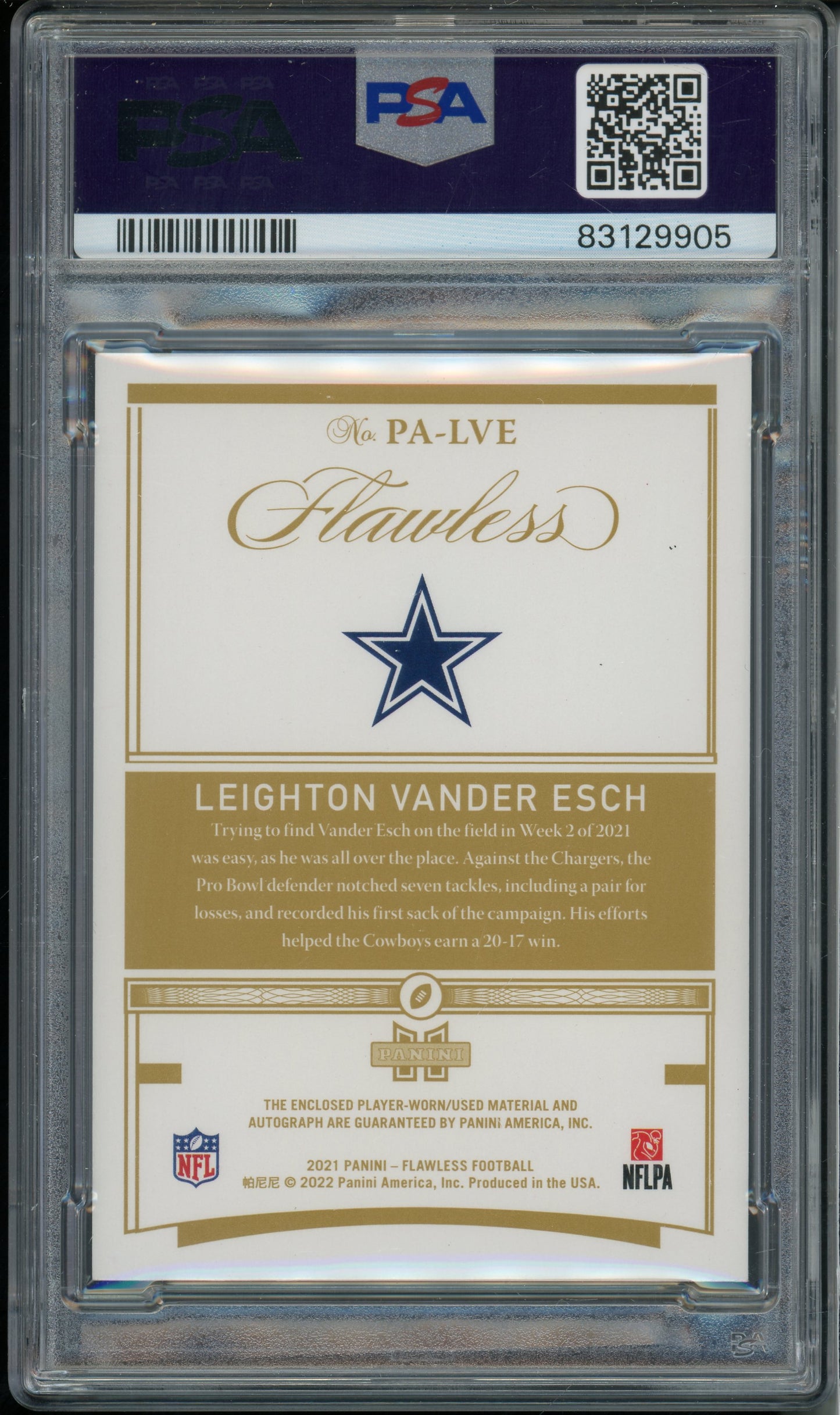 2021 Flawless Leighton Vander Esch #PALVE Patch Auto Platinum 1/1 PSA 9