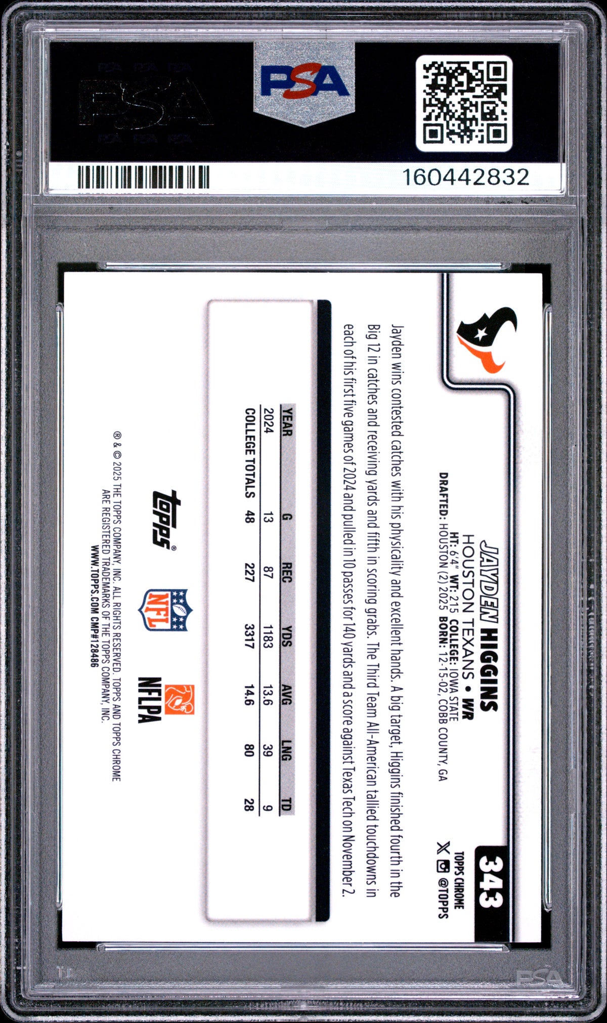 2025 Topps Chrome Football Jayden Higgins #343 Chrome Image Variation English PSA 8