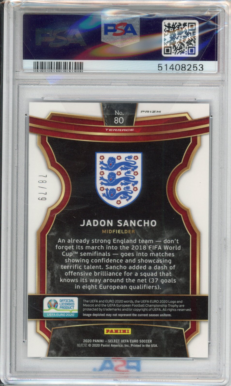 2020 Panini Select UEFA Euro Jadon Sancho #80 Purple Prizm PSA 10