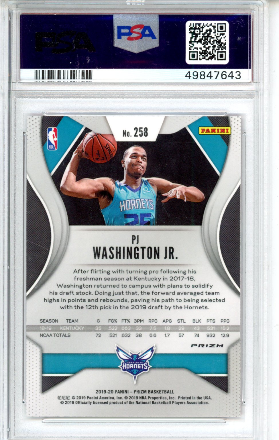 2019 Panini Prizm PJ Washington JR. #258 Ruby Wave PSA 10