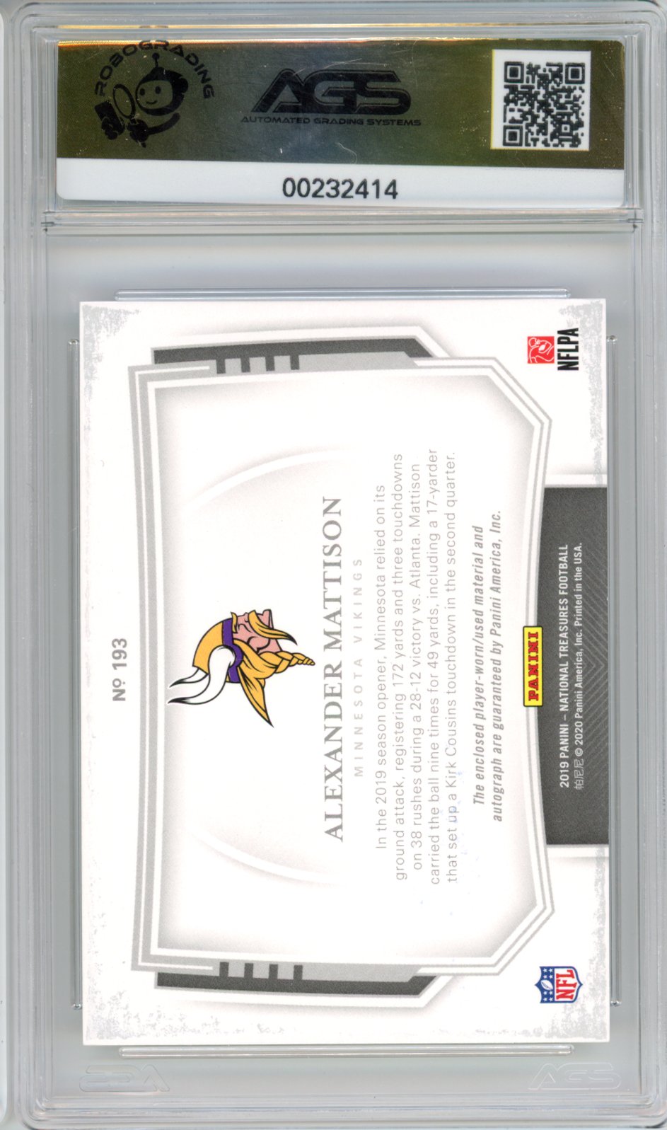 2020 Football 2019 Panini National Treasures Alexander Mattison #193 /20 AGS 10