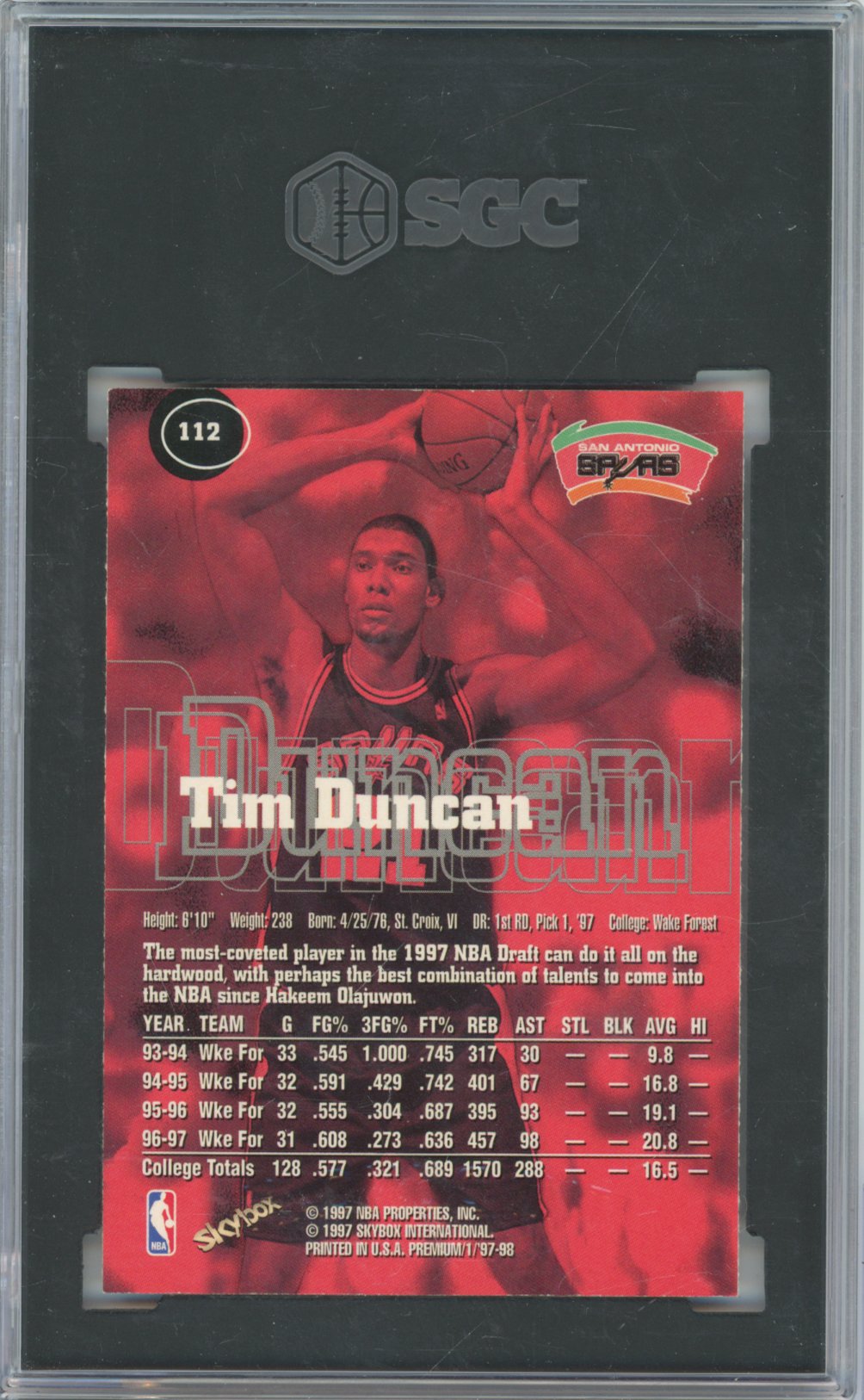 1997 SkyBox Premium Basketball Tim Duncan #112 English SGC 8.5